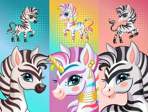 Set of cute zebras vertical background vector illustrations Stock Illustration