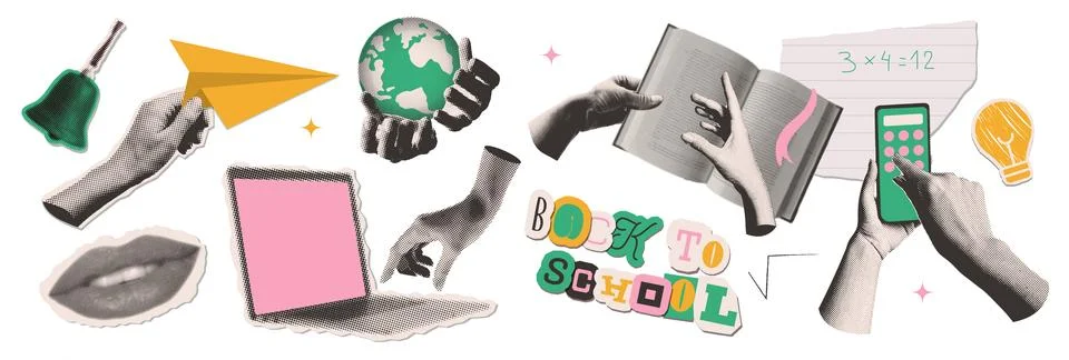 Set of cutout halftone collage elements on the theme of back to school. Books Stock Illustration