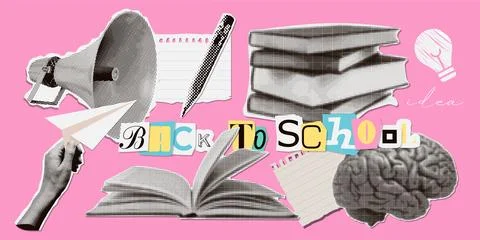 Set of cutout paper elements halftone collage on the theme of education and back Stock Illustration