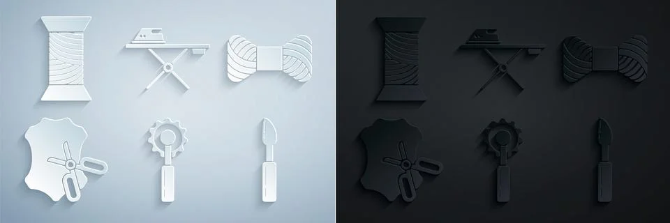 Set Cutter tool, Sewing thread on spool, Scissors and leather, Electric iron Illustrazione stock