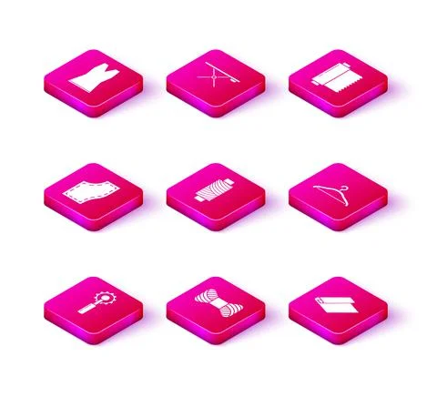 Set Cutter tool, Sewing thread on spool, Pattern, Textile fabric roll, Hanger Stock Illustration