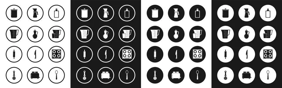 Set Cutting board, Bottle of olive oil, Measuring cup, Cooking pot, Gas stove Stock Illustration