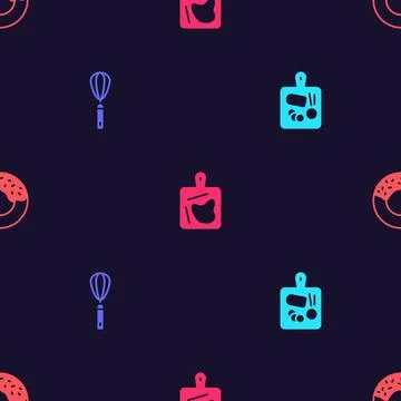 Set Cutting board, Kitchen whisk, and Donut on seamless pattern. Vector Illustrazione stock