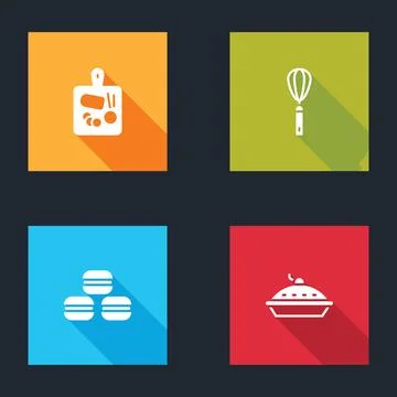 Set Cutting board, Kitchen whisk, Macaron cookie and Homemade pie icon. Vector Illustration