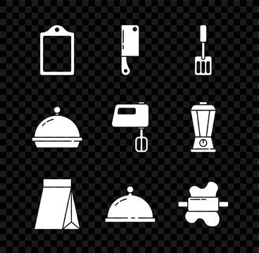 Set Cutting board, Meat chopper, Spatula, Bag of coffee beans, Covered with.. Stock Illustration