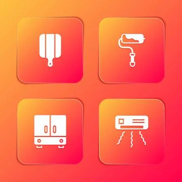 Set Cutting board, Paint roller brush, Wardrobe and Air conditioner icon. Vec Stock Illustration