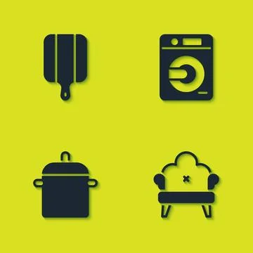 Set Cutting board, Sofa, Cooking pot and Washer icon. Vector 스톡 일러스트