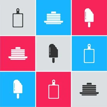Set Cutting board, Stack of pancakes and Ice cream icon. Vector Illustrazione stock