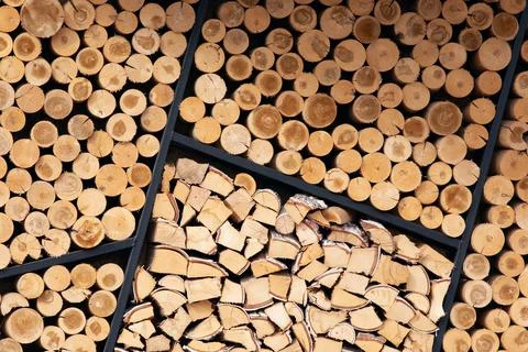 Set of cutting timber logs with different geometric shapes. Wood wall Stock Photos