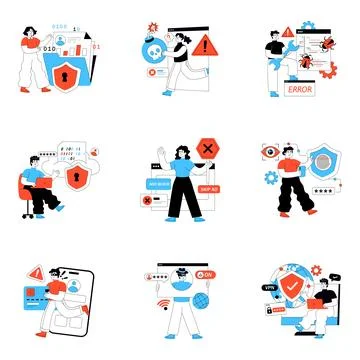 Set of Cyber Protection Flat Illustrations Stock Illustration