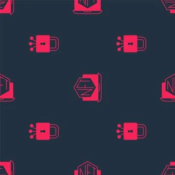 Set Cyber security and Laptop with art store app on seamless pattern. Vector イラスト素材