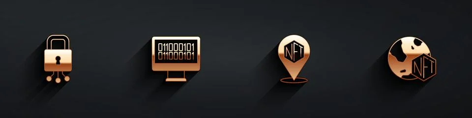 Set Cyber security, Binary code, NFT Digital crypto art and icon with long Stock Illustration