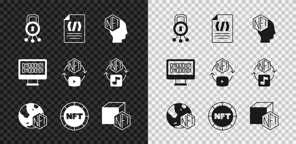 Set Cyber security, Binary code, NFT Digital crypto art, and icon. Vector Stock Illustration