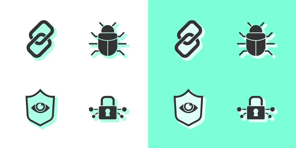 Set Cyber security, Chain link, Shield and eye and System bug icon. Vector Stock-Illustration