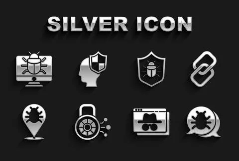 Set Cyber security, Chain link, System bug, Browser incognito window, on monitor Stock Illustration