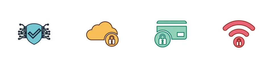 Set Cyber security, Cloud computing lock, Credit card with and Wifi locked icon Stock Illustration