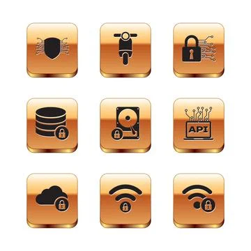 Set Cyber security, Cloud computing lock, Wifi locked, Hard disk drive and Illustrazione stock