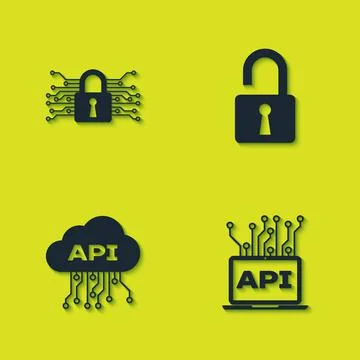 Set Cyber security, Computer api interface, Cloud and Open padlock icon. Vector Illustrazione stock