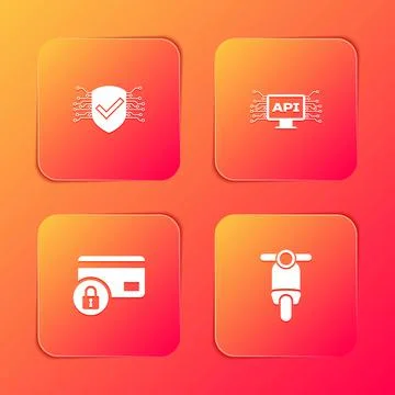 Set Cyber security, Computer api interface, Credit card with lock and Scooter 스톡 일러스트
