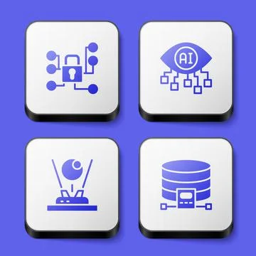 Set Cyber security, Computer vision, Hologram and Cloud database icon. White Stock Illustration