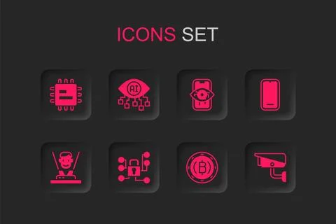 Set Cyber security, Computer vision, Processor CPU, Cryptocurrency coin Bit.. Stock Illustration