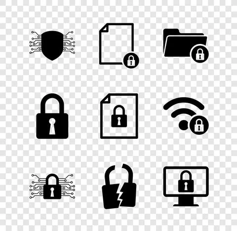 Set Cyber security, Document and lock, Folder, , Broken or cracked and Lock on Illustrazione stock