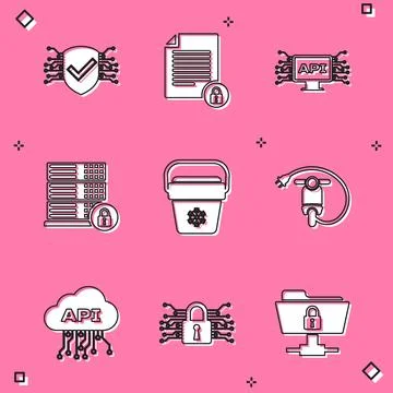 Set Cyber security, Document and lock, Computer api interface, Server with Stock Illustration