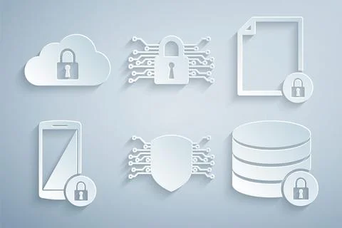 Set Cyber security, Document and lock, Smartphone with, Server, and Cloud イラスト素材