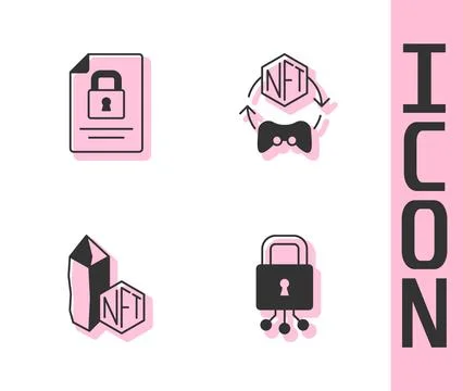 Set Cyber security, Document and lock, NFT Digital crypto art and icon. Vector Stock Illustration
