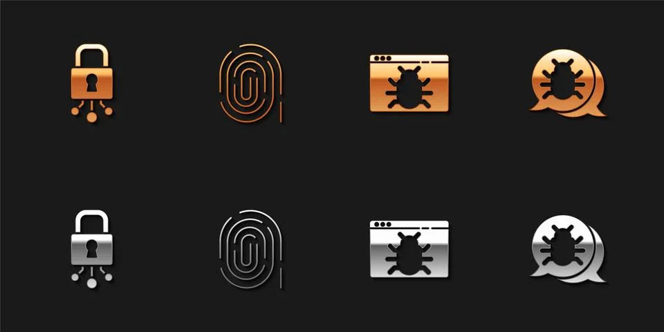 Set Cyber security, Fingerprint, System bug and icon. Vector Illustrazione stock