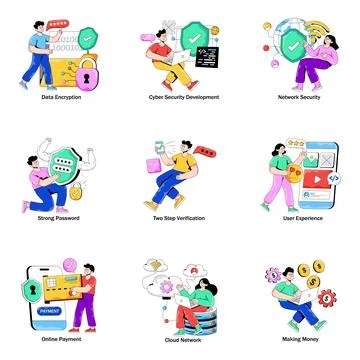 Set of Cyber Security Flat Illustrations Stock Illustration