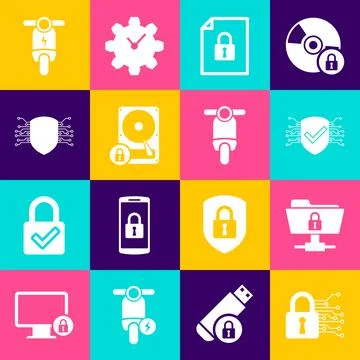 Set Cyber security, FTP folder and lock, , Document, Hard disk drive and icon 스톡 일러스트