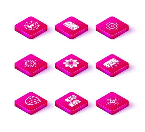 Set Cyber security, Gamepad, Processor, Drone, Smartphone, mobile phone, and RAM Stock Illustration