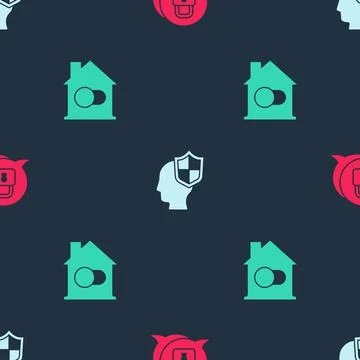 Set Cyber security, Head with shield and Smart home on seamless pattern. Vector Illustrazione stock