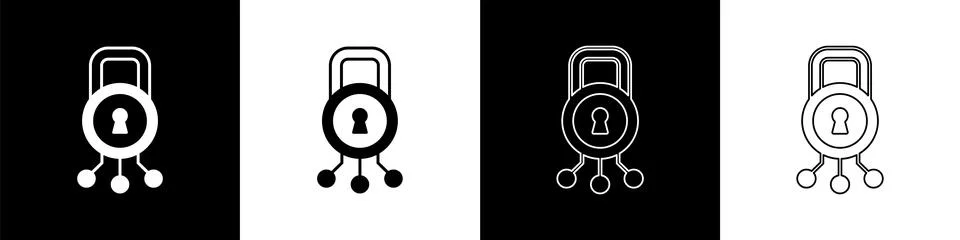 Set Cyber security icon isolated on black and white background. Closed padloc Stock Illustration