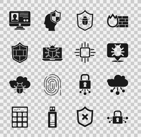Set Cyber security, Internet of things, System bug, on monitor, Shield with Stock Illustration