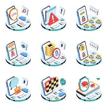 Set of Cyber Security Isometric Illustrations Stock Illustration