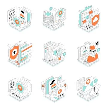 Set of Cyber Security Isometric Illustrations Stock Illustration