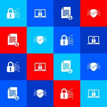 Set Cyber security, Laptop and lock, Document and icon. Vector Illustrazione stock