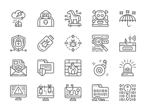 Set of Cyber Security Line Icons. Spy Agent, Trojan Horse, Cryptography and more Stock Illustration