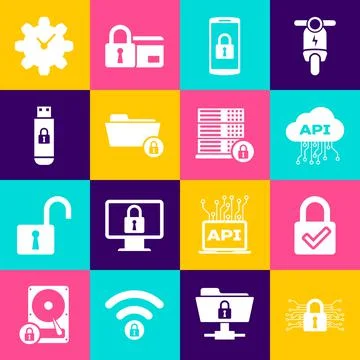 Set Cyber security, Lock and check mark, Cloud api interface, Smartphone with Stock Illustration