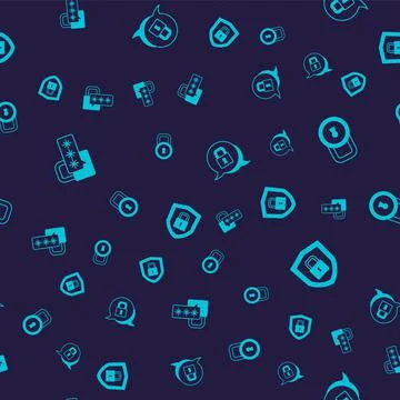 Set Cyber security, Lock,  and Shield with lock on seamless pattern. Vector Stock Illustration