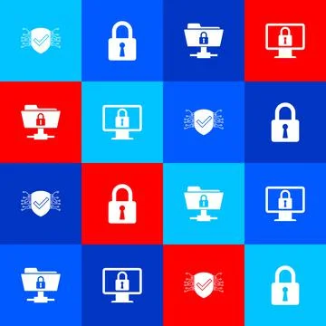 Set Cyber security, Lock, FTP folder and lock and on monitor icon. Vector Stock Illustration