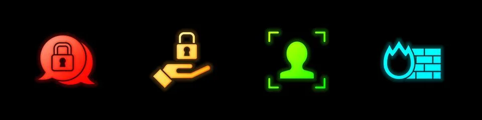 Set Cyber security, Lock in hand, Face recognition and Firewall, wall icon Stock Illustration