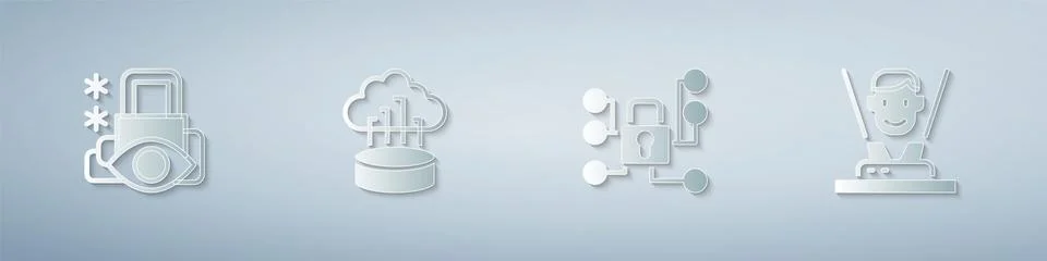 Set Cyber security, Network cloud connection, and Hologram. Paper art style 스톡 일러스트