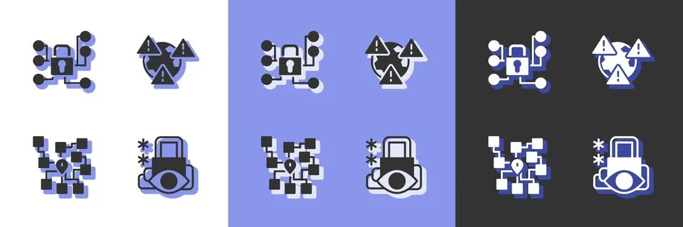 Set Cyber security, Neural network and Earth with exclamation mark icon. Vector Illustrazione stock