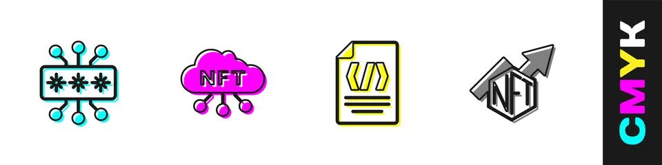 Set Cyber security, NFT cloud, Binary code and growth bar chart icon. Vector Stock Illustration