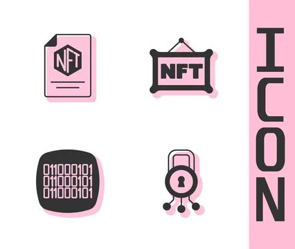Set Cyber security, NFT contract, Binary code and Digital crypto art icon Stock Illustration