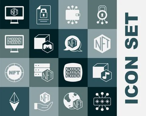 Set Cyber security, NFT Digital crypto art, Cryptocurrency wallet, Binary code Stock Illustration
