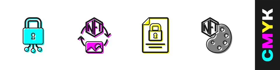 Set Cyber security, NFT Digital crypto art, Document and lock and  icon. Vect Stock Illustration